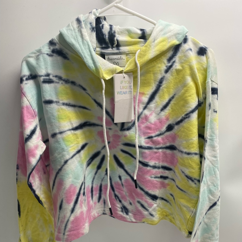DREAMSIDE WOMEN’s CROP TOP SWEATSHIRT hoodie Tie dye Small. NWT PINK BLUE